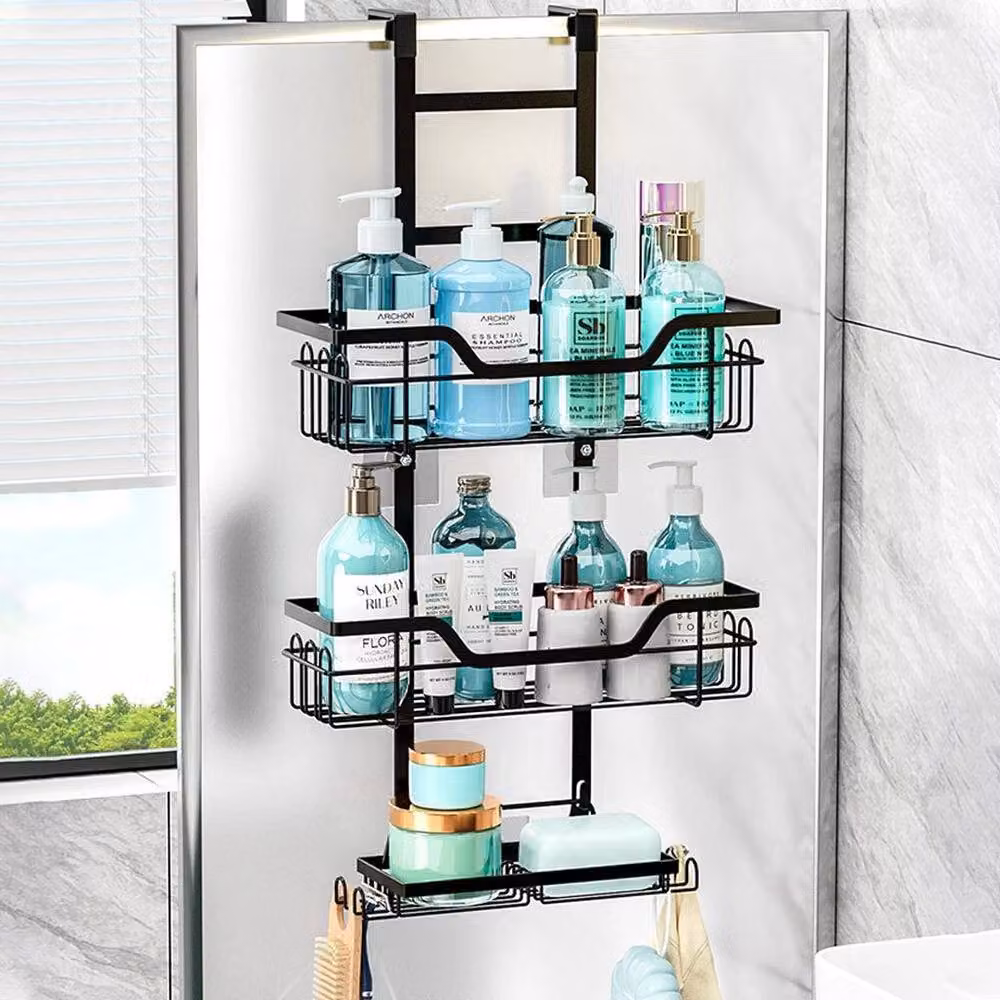 KORVIXA 3 Tier Metal Over Door Shower Screen Hanging Caddy Rack in Black, W: 180 cm, H: 180 cm – 2