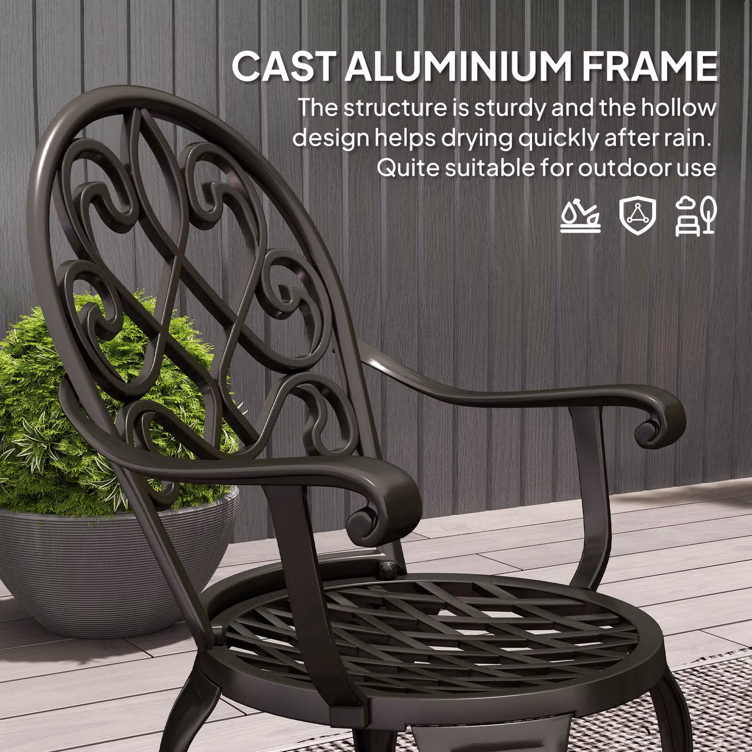 Outsunny 3 Piece Black Powder Coated Aluminium Patio Bistro Set with Round Table and Chairs for Garden, Balcony or Terrace – 5