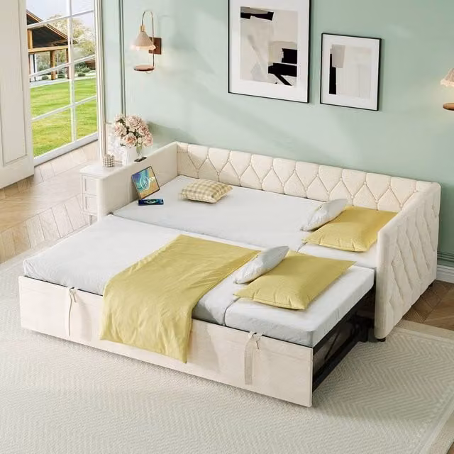 Merax 3ft Single Upholstered Daybed Sofa Bed with USB Charging Port and Trundle in Grey, W/D/H: 190 x 90 x 71 cm – 1