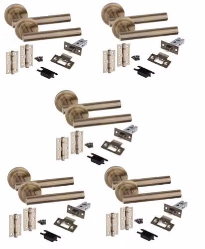 Golden Grace Gold T-Bar Door Handle Set with Tubular Latch, Hinges and Rosette, 5 Sets – 1