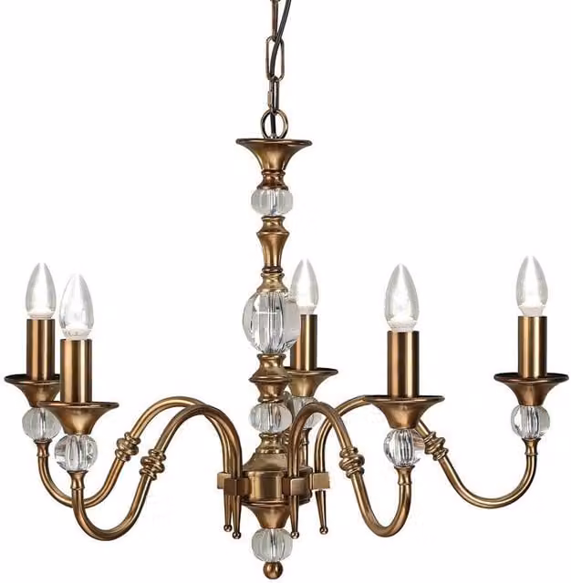 Interiors 1900 Polina 5 Light Crystal Ceiling Pendant Chandelier in Antique Brass