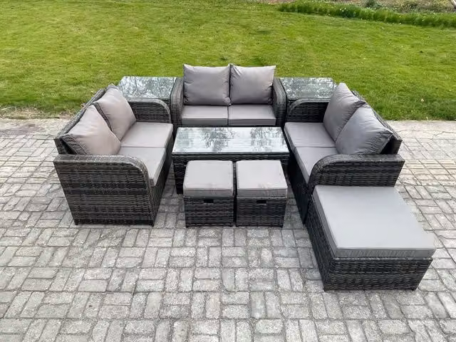 Fimous 9 Piece Grey Wicker Rattan Garden Furniture Set with Coffee Table, Love Seat, 3 Footstools and 2 Side Tables