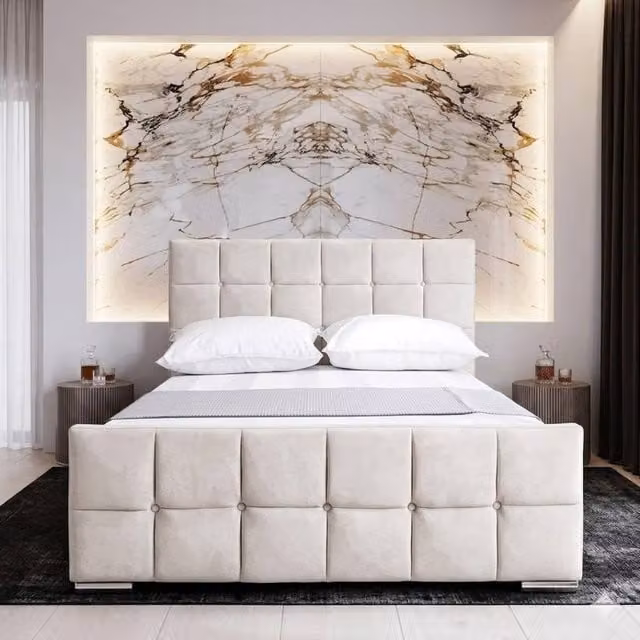 Stratus Interiors Malta Cubed Upholstered Plush Velvet Bed Frame in Beige, Double Size (140 x 200 cm) – 1