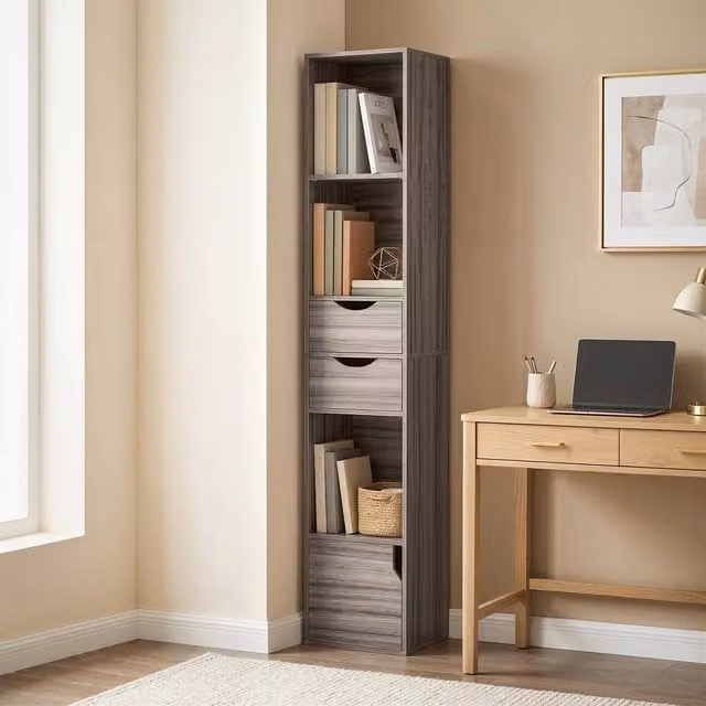 HOMCOM Modern Grey Bookcase with Drawers and Adjustable Shelves