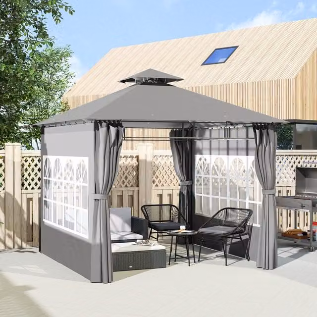 Outsunny Double Roof Garden Gazebo with Windows, Light Grey, W/D/H: 300 x 300 x 300 cm