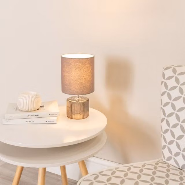 ValueLights Betty Pair of Transparent Glass Table Lamps with Grey Fabric Shades