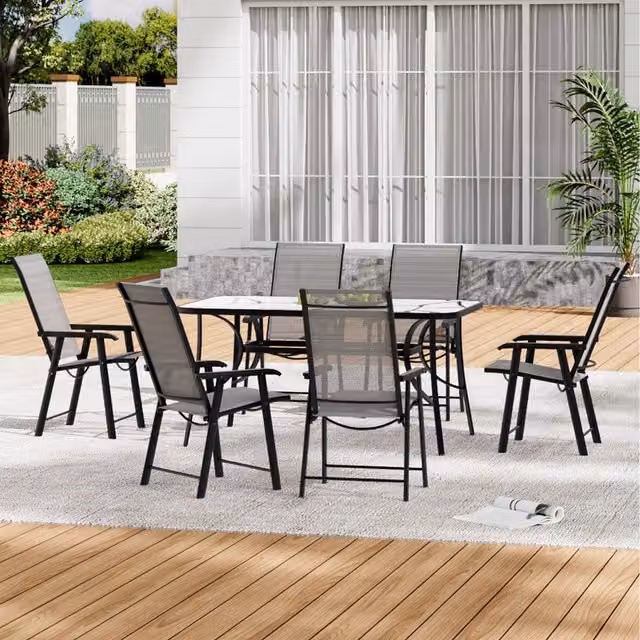Livingandhome 7-Piece Black Metal and Glass Garden Bistro Set