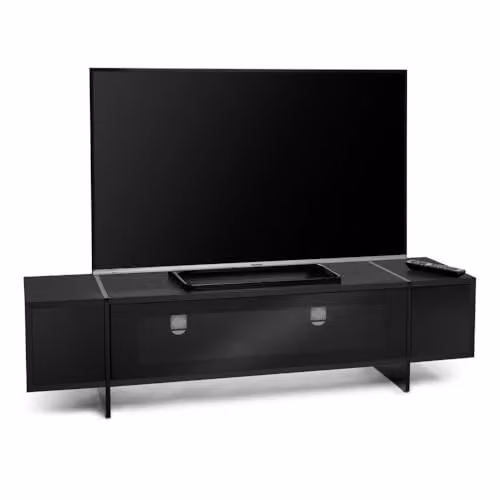AVF Edge Modern Rectangular TV Stand Unit in Black with Wood Effect Top and Glass Doors, W/D/H: 160.0 x 39.6 x 38.0 cm