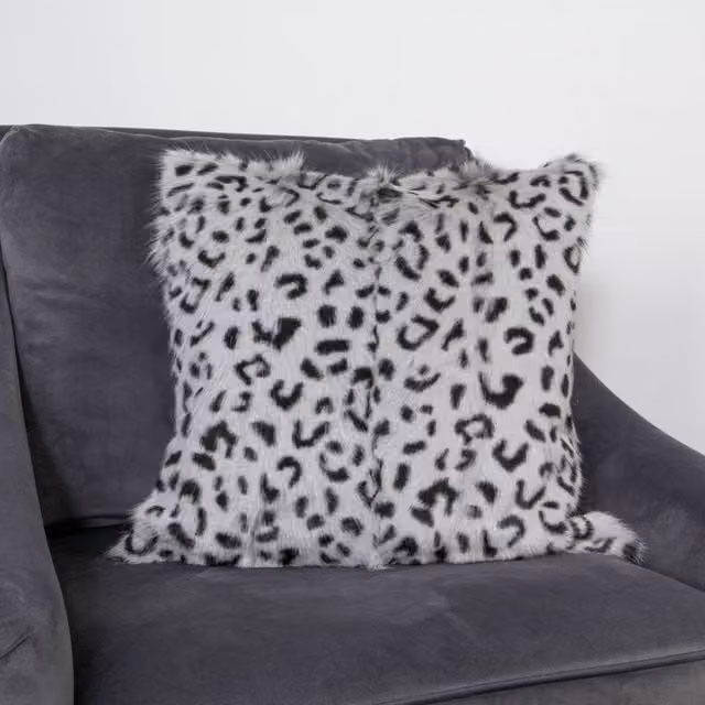 Native Natural Grey and Black Leopard Print Goatskin Cushion, W/D/H: 45 x 45 x 1 cm