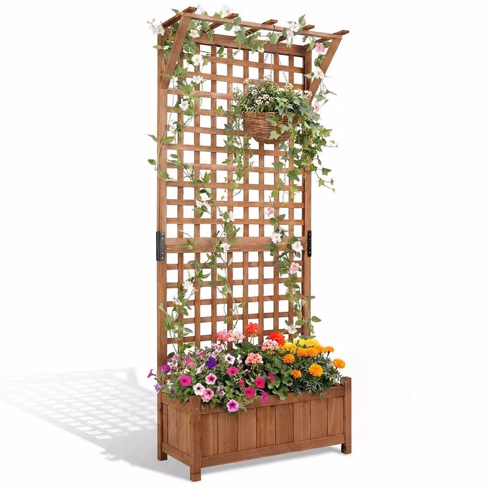 Havendro Wooden Raised Garden Bed with Hanging Roof Trellis Vertical Planter, Brown, H 181 x W 75 x D 33 cm – 3