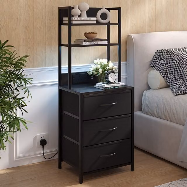 Livingandhome Modern 3-Drawer Bedside Cabinet with Integrated Lighting and Media Compartments in Black