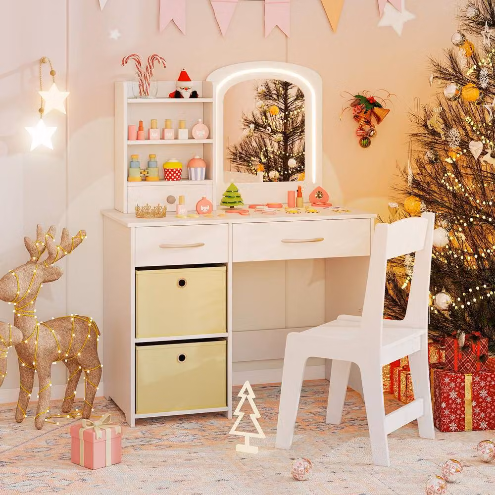 CASART Kids Vanity Set with Lighted Hollywood LED Mirror and Chair in White – 2
