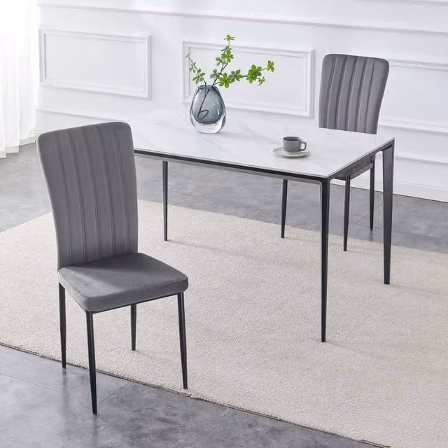 FORGEVIO Set of 2 Modern Dining Chairs with Dark Grey Velvet Upholstered Seats and Black Metal Frames