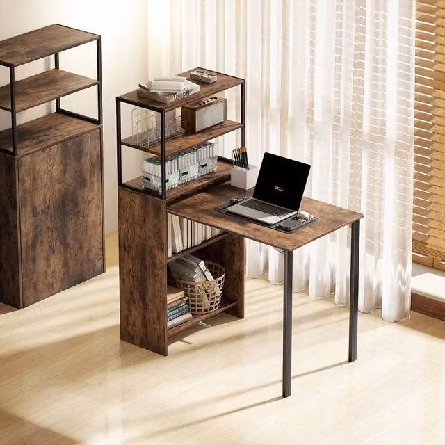 EONLION Rustic Brown Foldable Office Desk with 4-Tier Shelves – 1