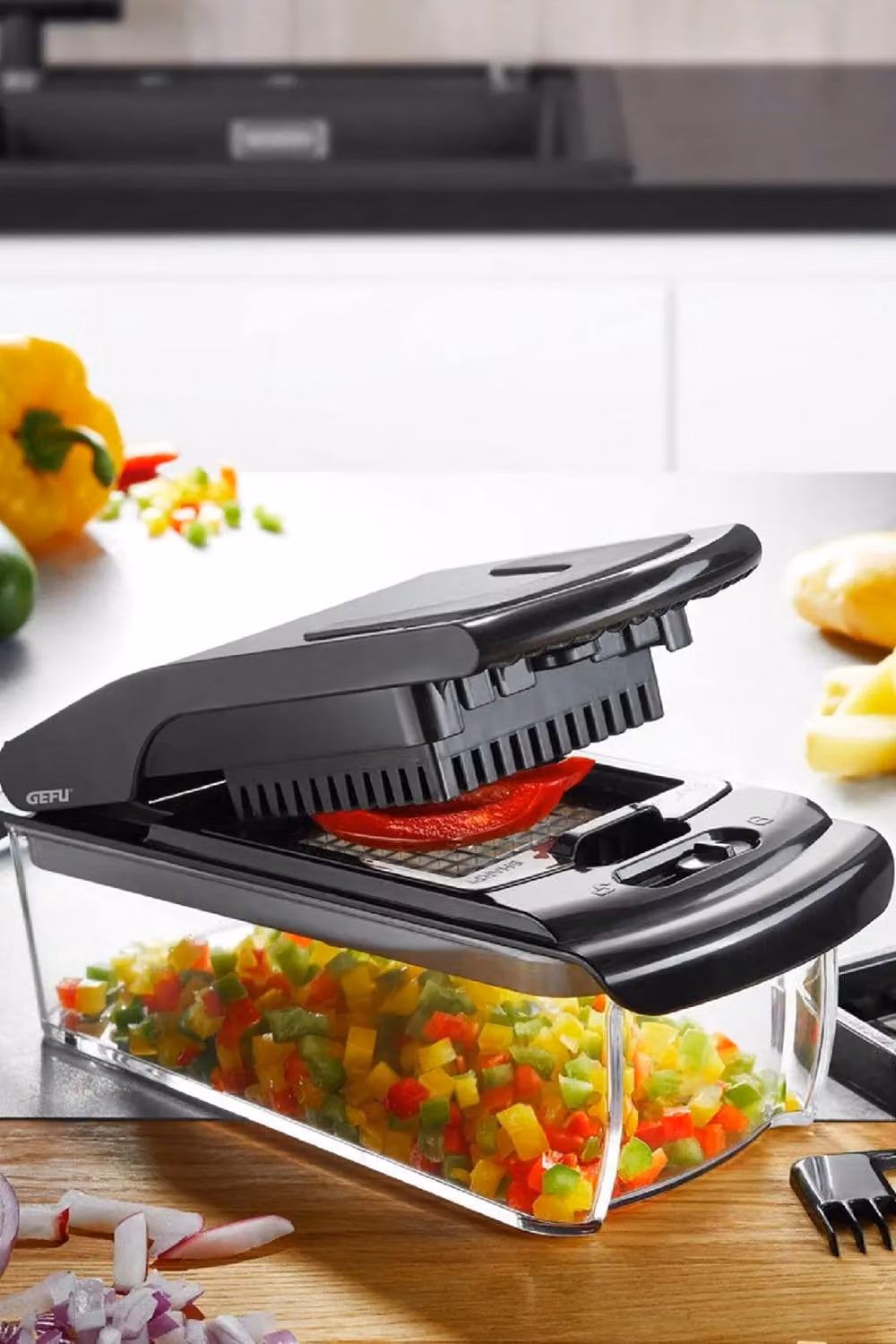 Gefu Treppo Vegetable and Cheese Cube Cutter with Collection Tray in Transparent and Black – 6