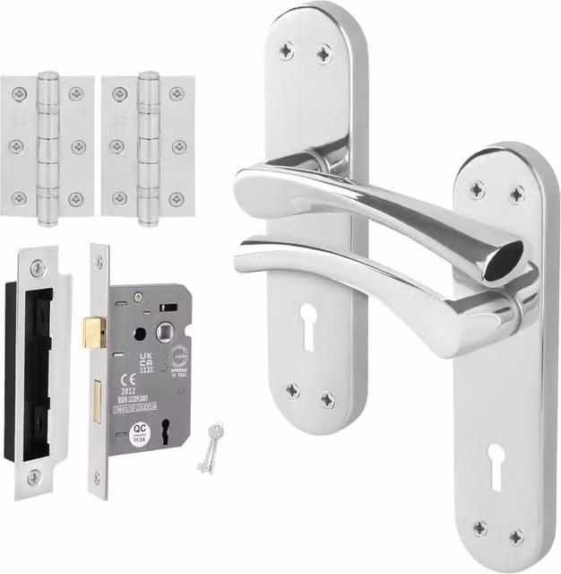 AFIT Chrome Twist Handle Sashlock Hinges Set with Novi Backplate in Metallic Silver, 15 x 15 cm