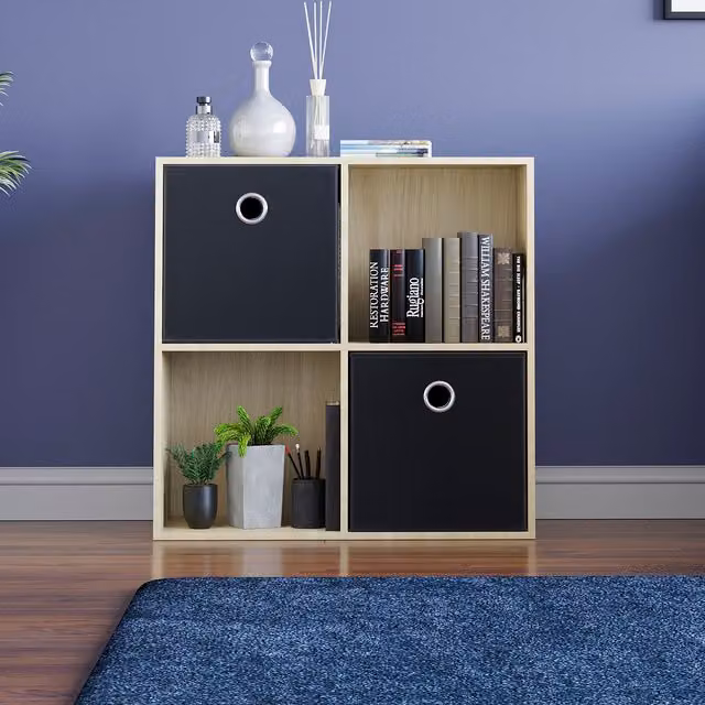 Vida Designs Durham 4 Cube Storage Unit in Oak with 2 Black Baskets