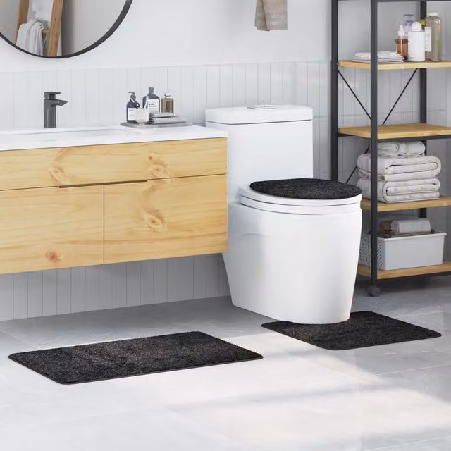 Berkfield Home 3 Piece Non-Slip Microfibre Bath Mat Set in Grey – 1
