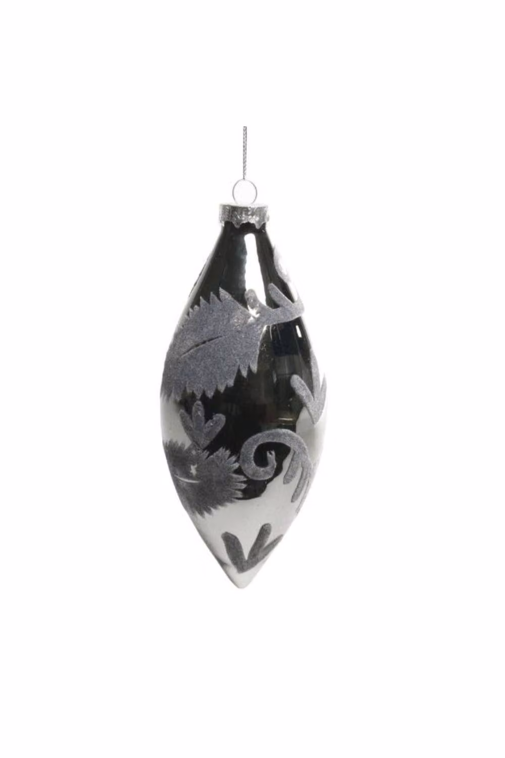KDMD Grey and Silver Glass Teardrop Christmas Bauble with Velvet Pattern, 2 Pack, Height: 16 cm – 2