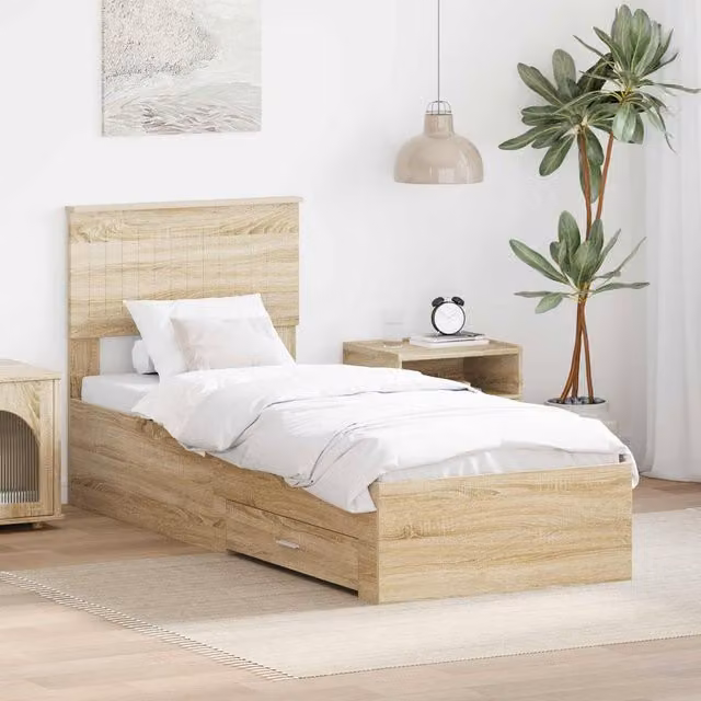 Berkfield Home Sonoma Oak and Silver Bed Frame in Brown, Engineered Wood, W: 75 cm x L: 190 cm – 1