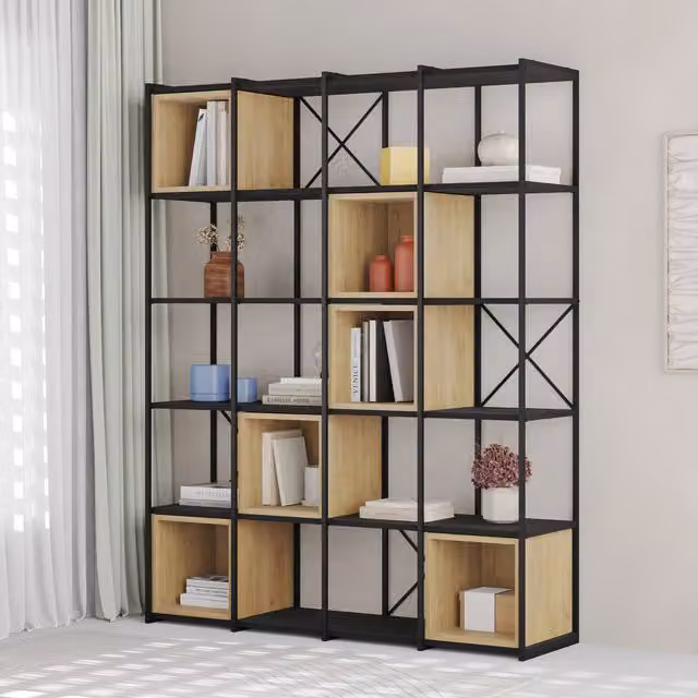 Decortie Vale Maxi Modern 5-Tier Bookcase with Adjustable Shelves in Black Wood and Oak