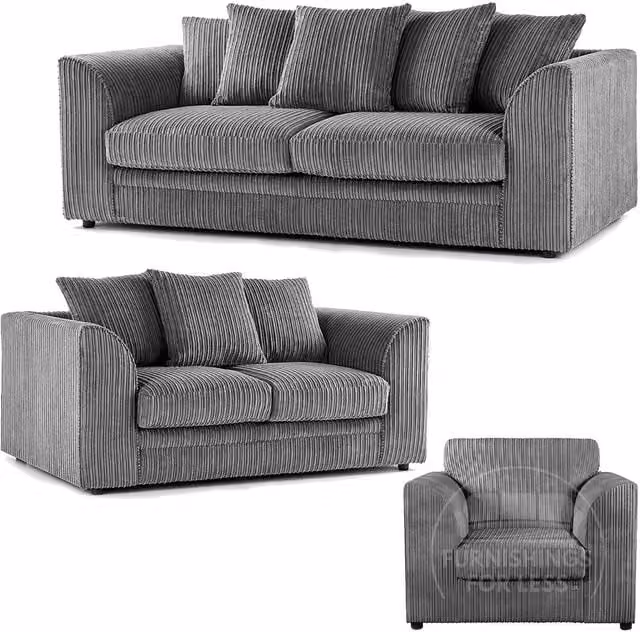 Furnishings For Less UK Luxor Jumbo Cord 3 Piece Fabric Sofa Suite in Grey with Scatter Back Cushions