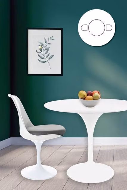 Fusion Living Tulip Dining Set with White Round Table and Two Grey Chairs