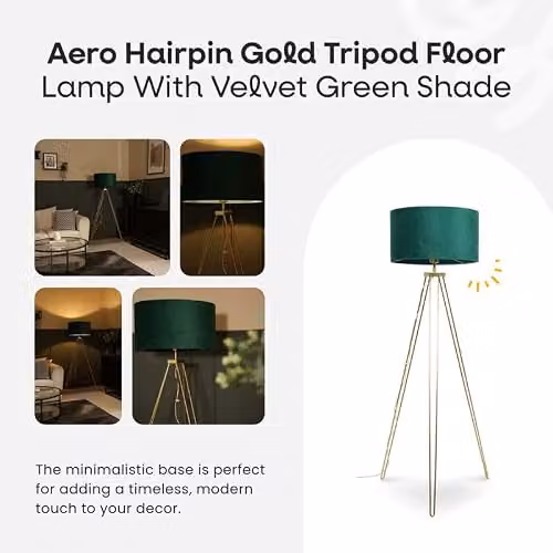 ValueLights Modern Gold Hairpin Design Tripod Floor Lamp with Forest Green Velvet Drum Shade – 2