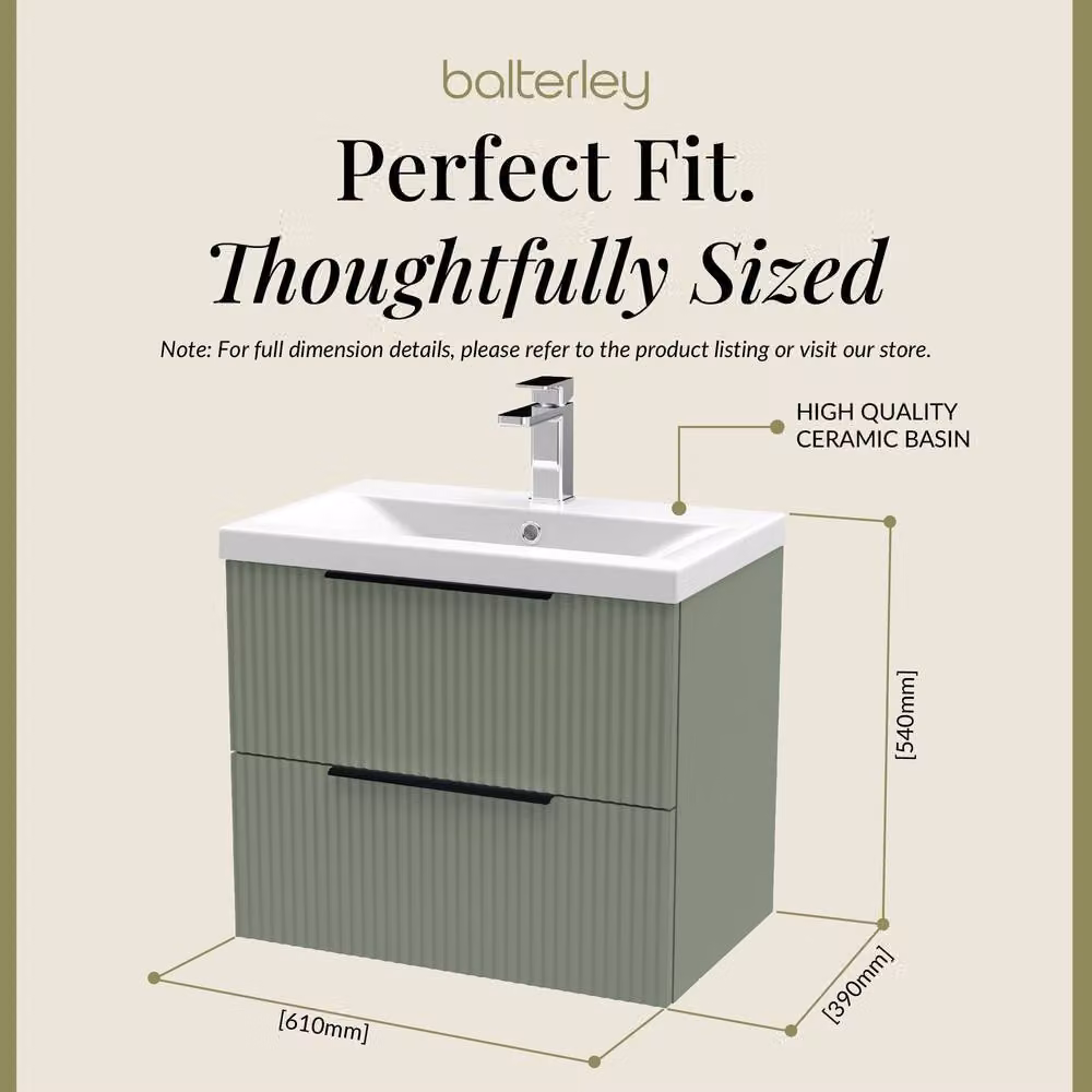 Balterley Fluted Front Wall Hung 2 Drawer Vanity Basin Unit, Satin Green, W: 60 cm, D: 54 cm, H: 60 cm – 3