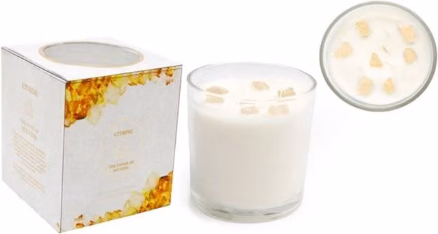 KDMK Summer Garden Tabletop Scented Candle with Citrine Crystals in Yellow and White Glass