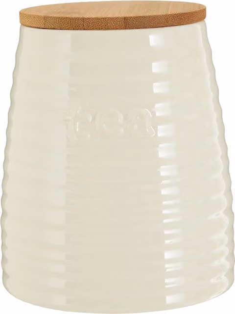 Premier Housewares Winnie Ceramic Tea Canister in White and Beige with Bamboo Lid – 1