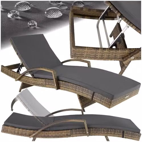 tectake Rattan Sun Lounger with 5-Position Adjustable Backrest and Soft Cushion in Nature – 1
