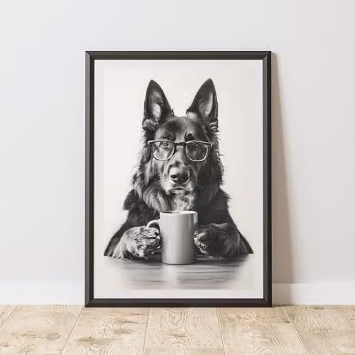 60 Second Makeover Funny German Shepherd Drinking Coffee Paper Poster, A3, Multicolour