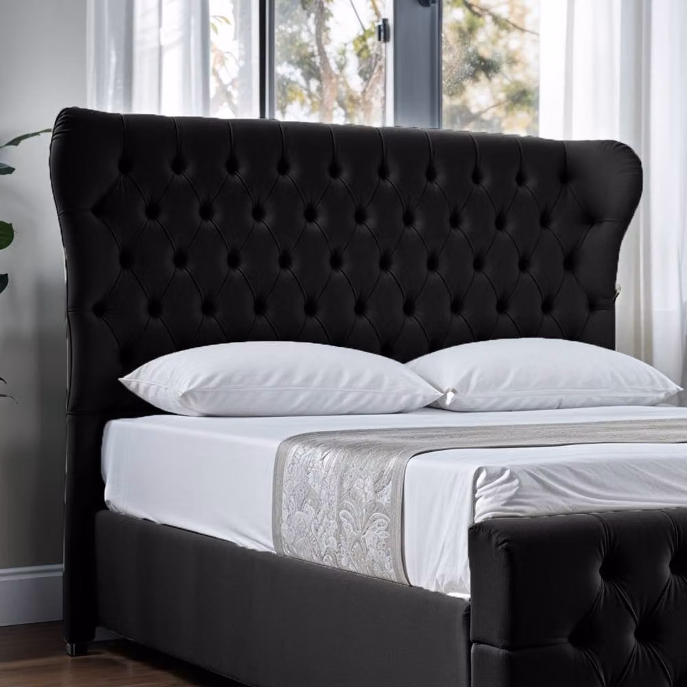 UK Bed Furniture Isabella Upholstered Slatted Base Bed with Wingback Headboard in Black, W/D/H: 90 x 200 cm – 3
