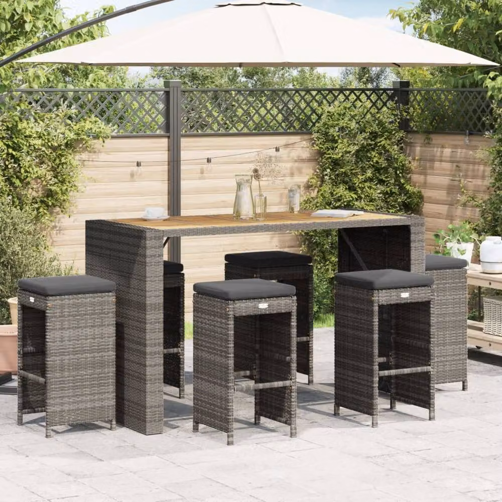 Berkfield Home Beautiful Garden Bar Stools with Cushions, 6 Piece Grey Poly Rattan Set – 2