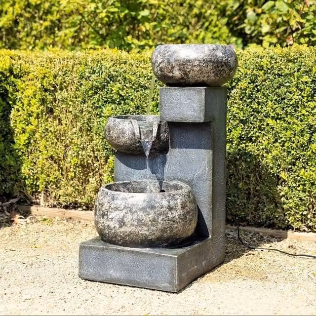 Primrose Tavira Cascading Tiered Bowls Water Feature with Lights in Grey, Height: 66 cm – 1