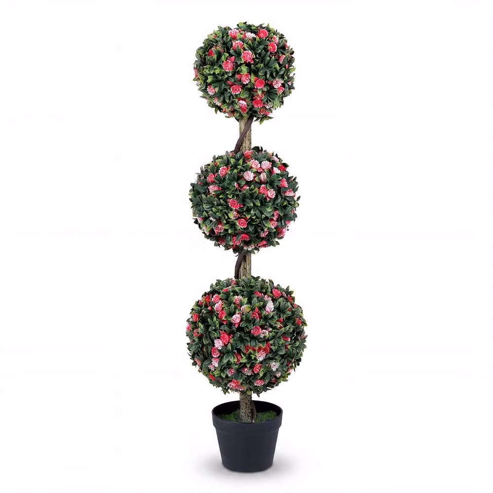 Costway Artificial Triple Ball Rose Topiary Tree, Pink Multicolour Faux Potted Floral Plant – 8