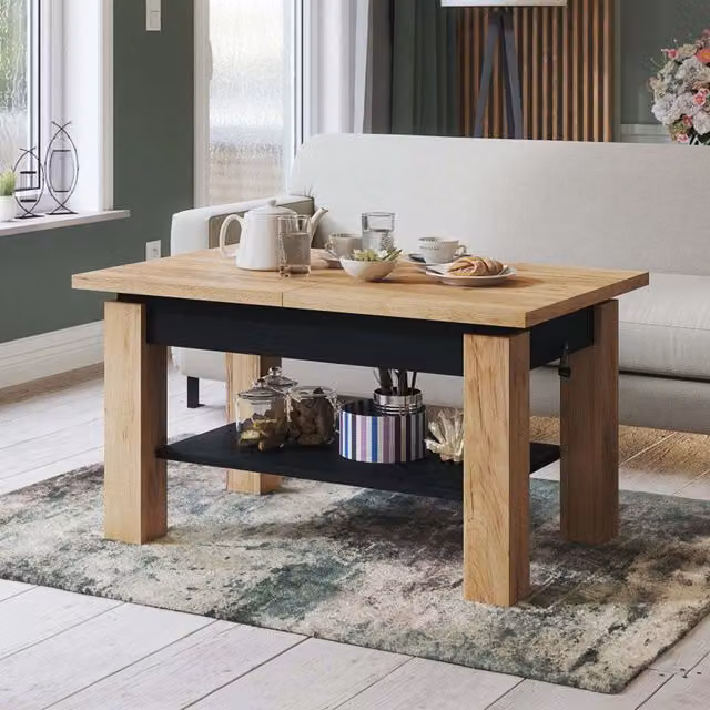 Heze Furniture Astoria 2 in 1 Extending Coffee and Dining Table in Golden Craft Oak and Black