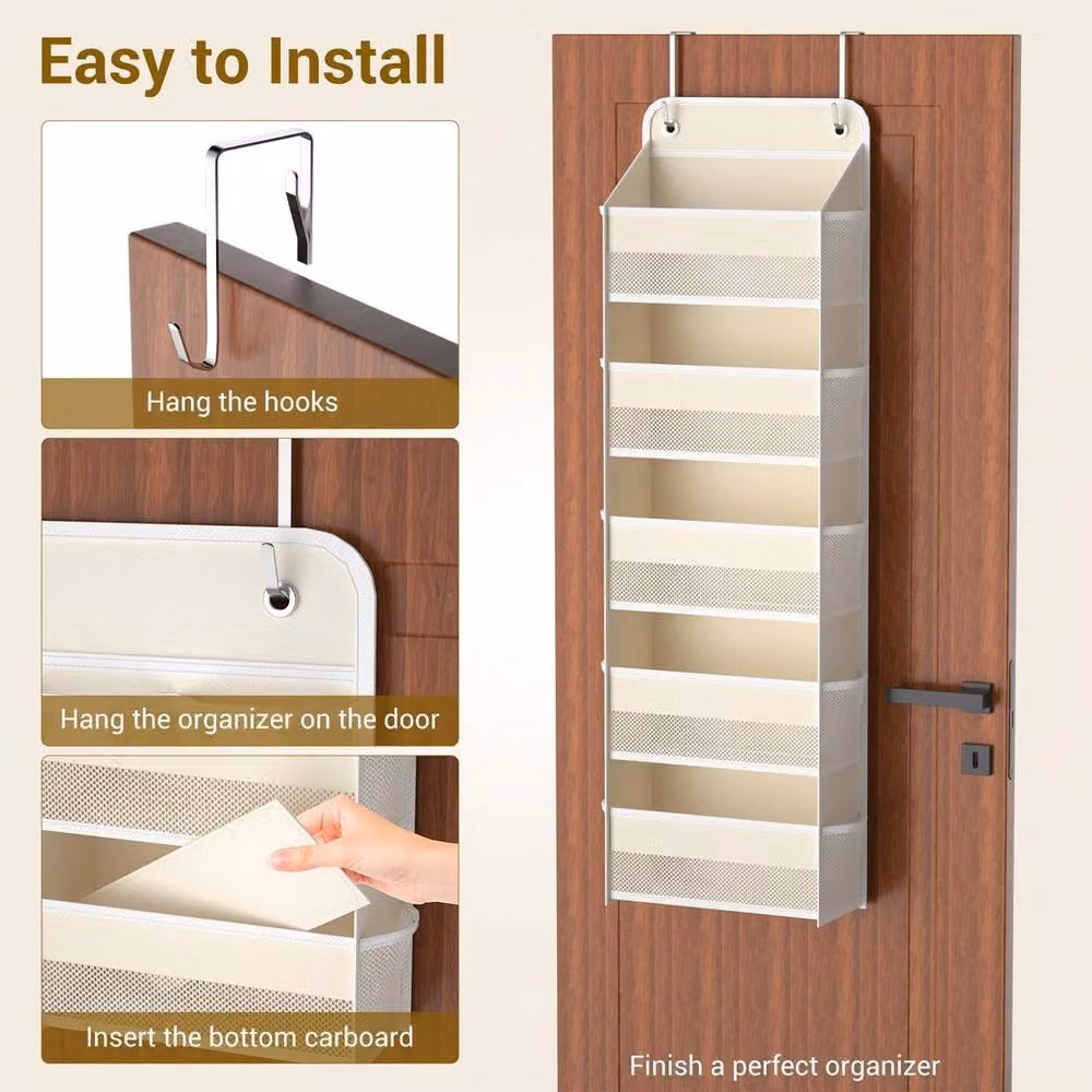 FORGEVIO 5 Pocket Over The Door Hanging Shoe Holder Organiser in Beige – 2