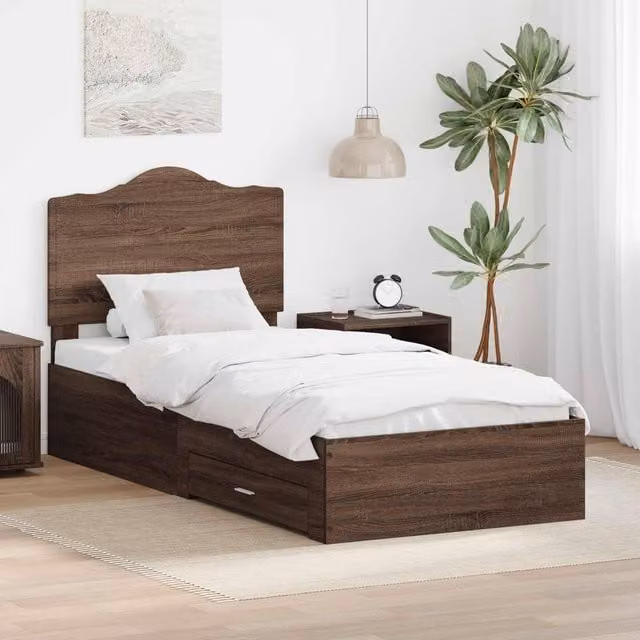Berkfield Home Modern Bed Frame with Headboard in Brown Oak, Engineered Wood, W/D/H: 190 x 70 x 32 cm