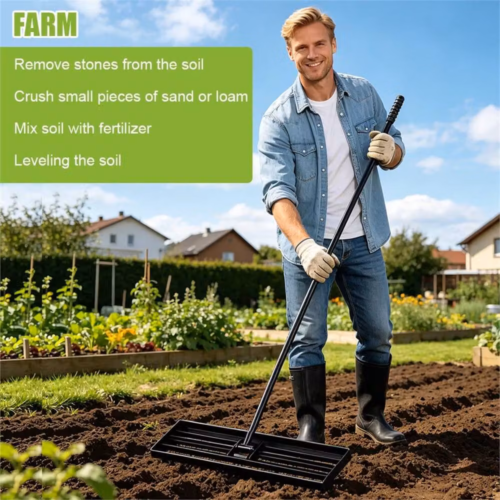 Nordara Black Lawn Leveling Rake with Extended Handle, Metal and Rubber Construction, W: 76.2 cm x D: 25.4 cm – 4