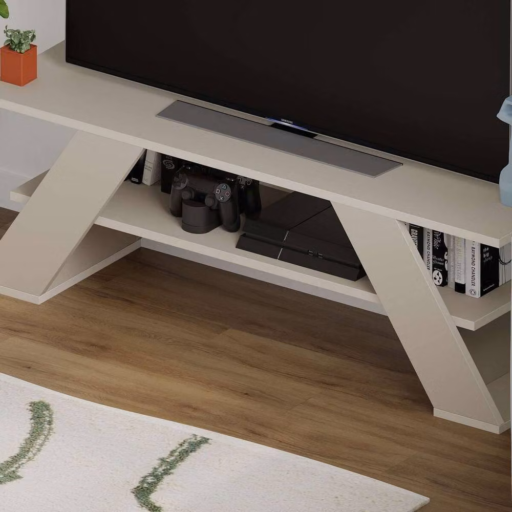 CALICOSY Modern Wall Mounted TV Stand with 3 Shelves in Beige, W/D/H: 120 x 40 x 33.5 cm – 3