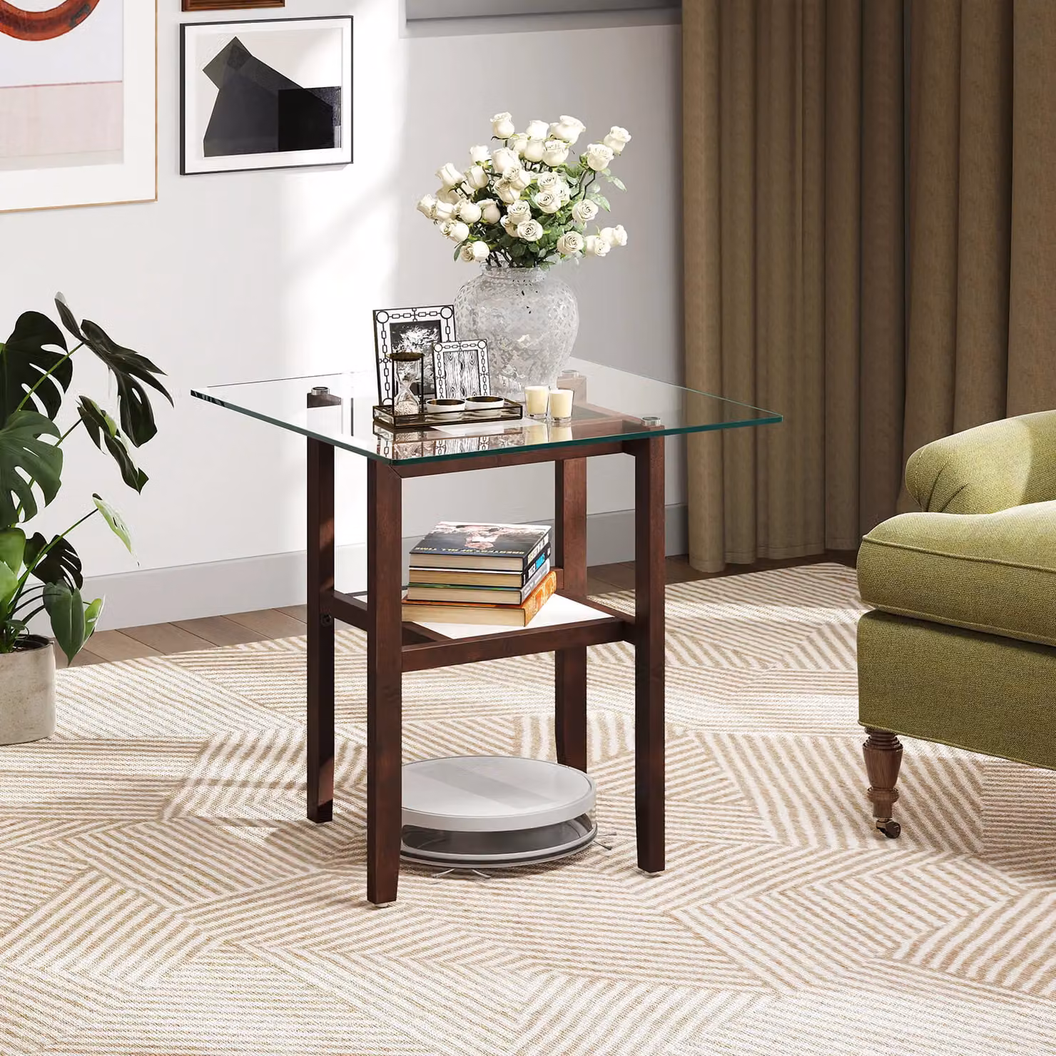 Gymax 2-Tier Square Glass and Rubberwood Side Table with Storage Shelf, Dark Brown, W/D/H: 61 x 61 x 62 cm – 8