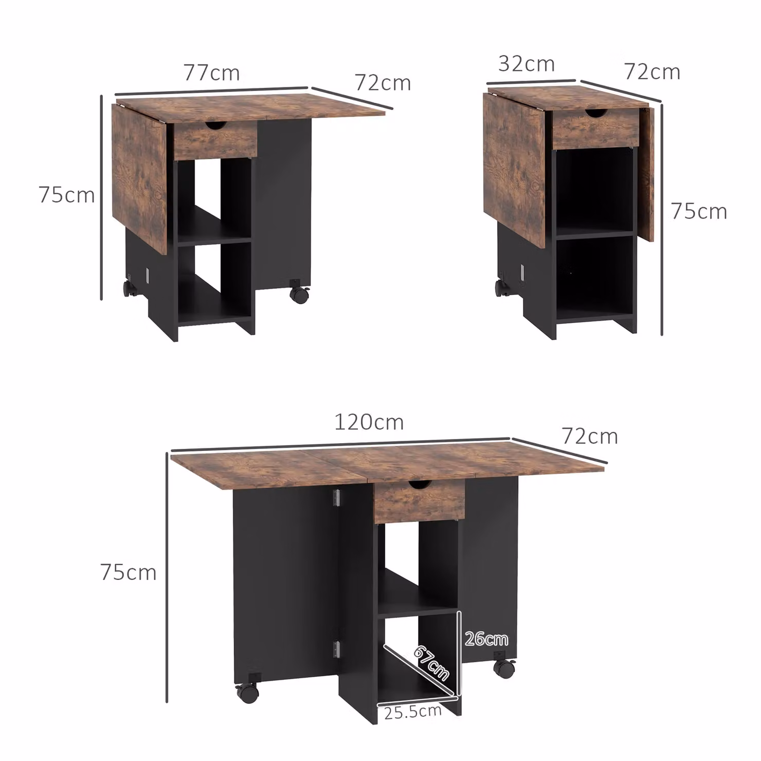 HOMCOM Brown Foldable Drop Leaf Dining Table with Storage for Kitchen and Dining Rooms – 3