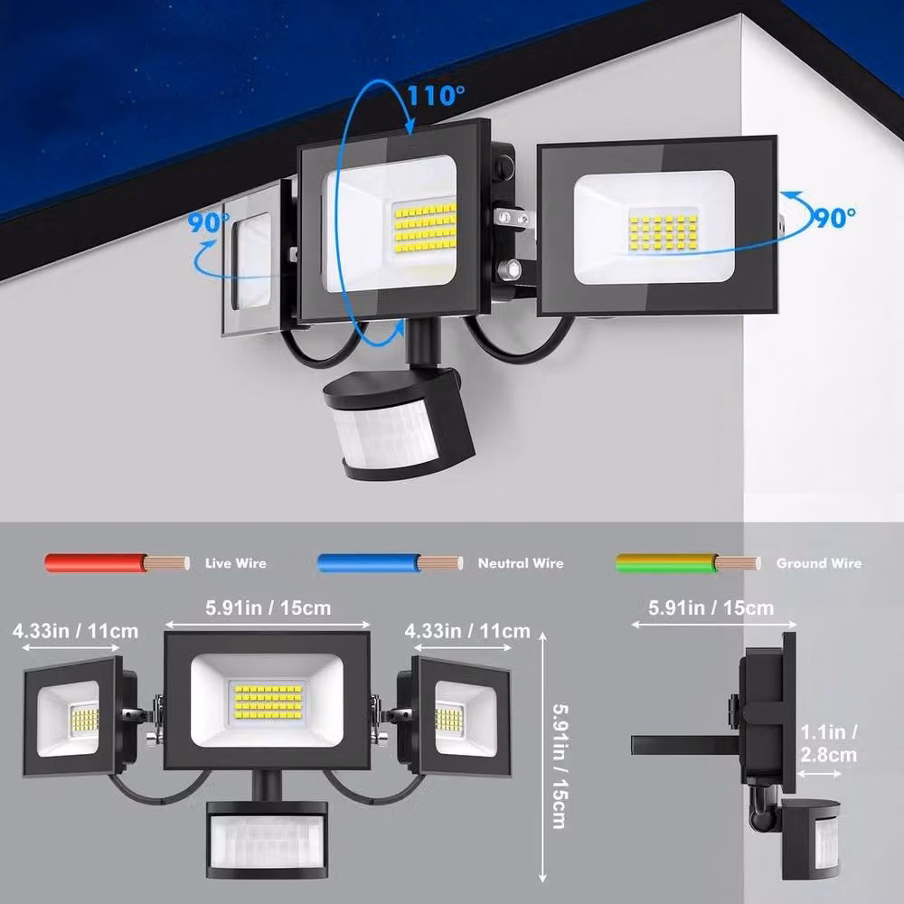 Kelvenix 100W 3 Head LED Security Floodlight with PIR Motion Sensor and Timer in Black – 2