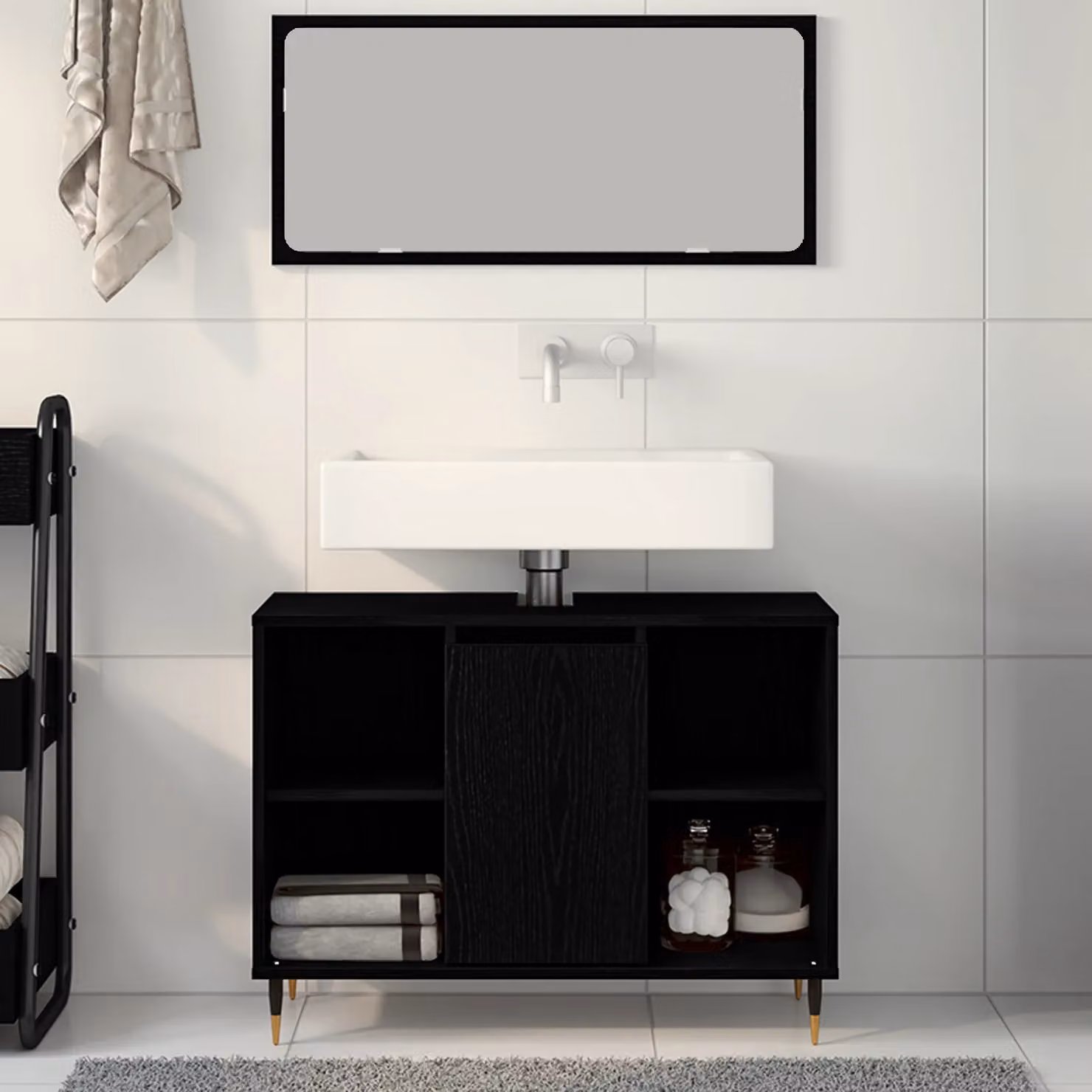 Berkfield Home Modern Black Oak Vanity Unit with Internal Shelves and Open Shelf Storage – 3