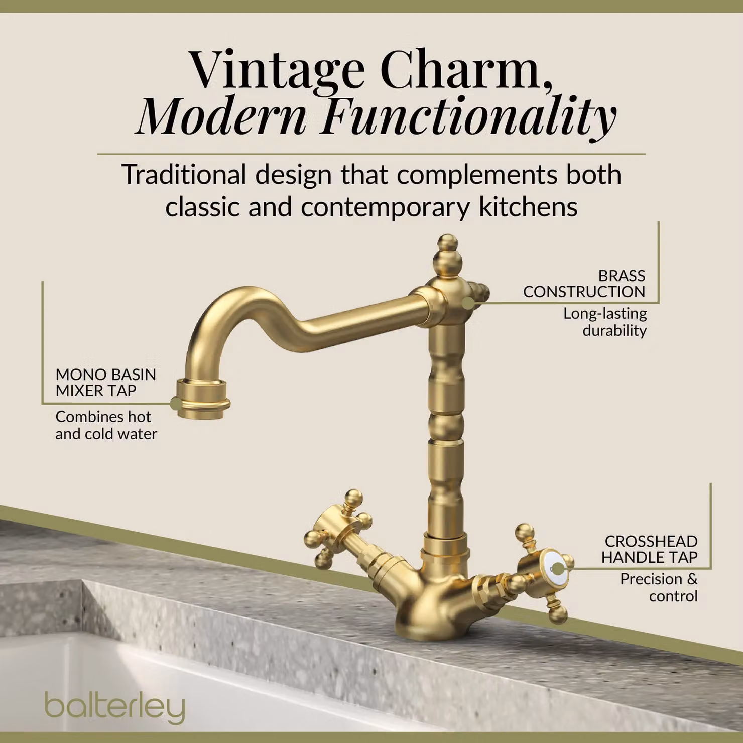 Balterley Traditional French Classic Kitchen Sink Mono Mixer Tap in Brushed Brass with Two Handles and Swivel Spout, H: 28.7 cm, W: 16.5 cm, D: 24.5 cm – 2
