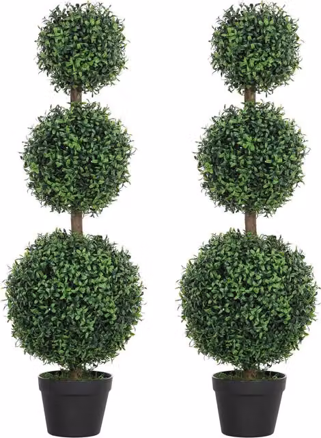 HOMCOM Set of 2 Green Artificial Topiary Ball-shaped Boxwood Trees in Concrete Pots, Height: 100 cm – 1