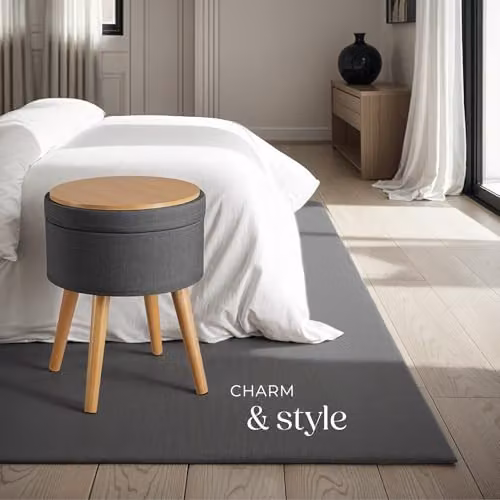 tectake Yara Round Storage Stool in Grey Fabric with Beech Legs, W/D/H: 45.5 x 42.5 x 42.5 cm – 2