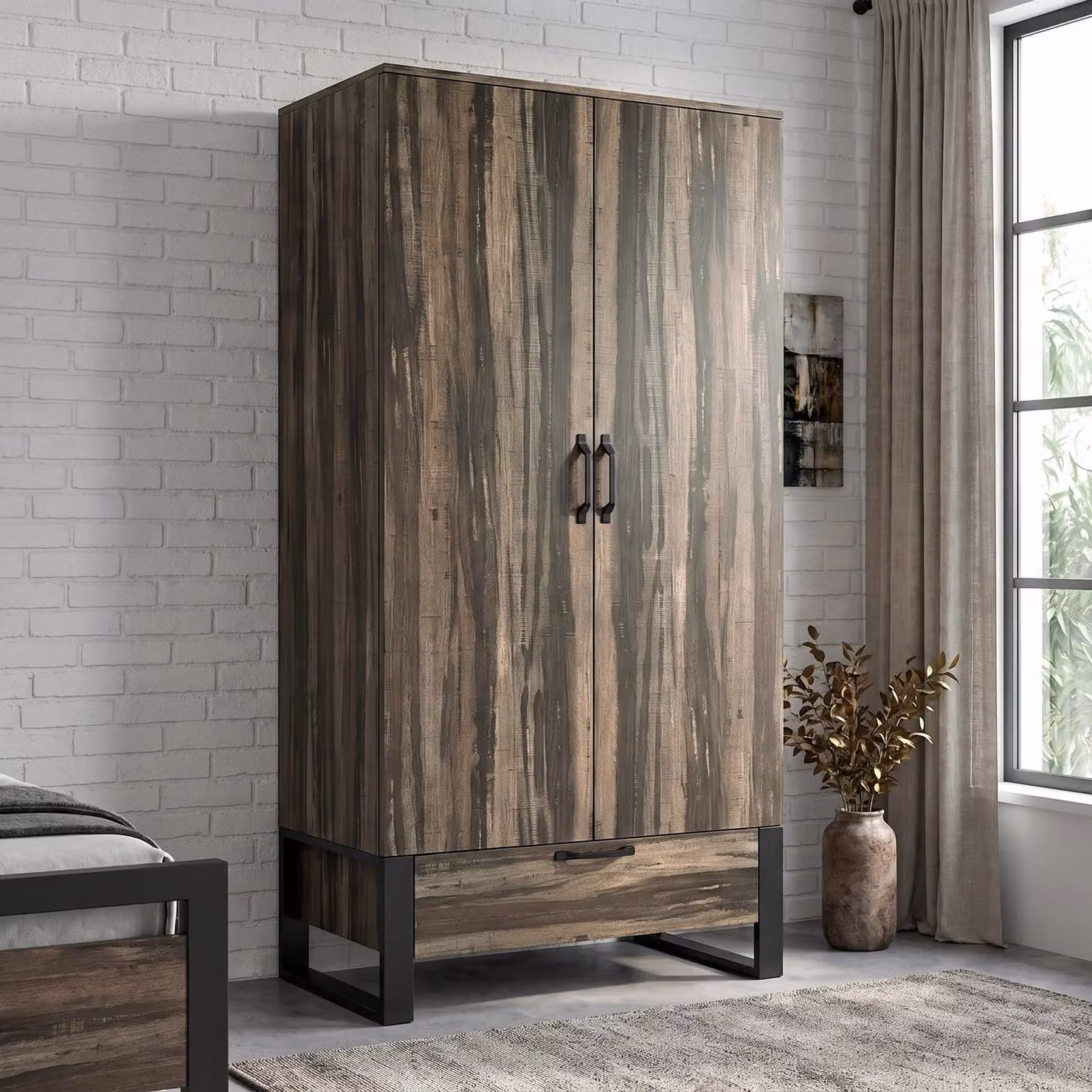 Rustvale Industrial 2 Door Wardrobe with Drawer and Hanging Rail in Black and Brown